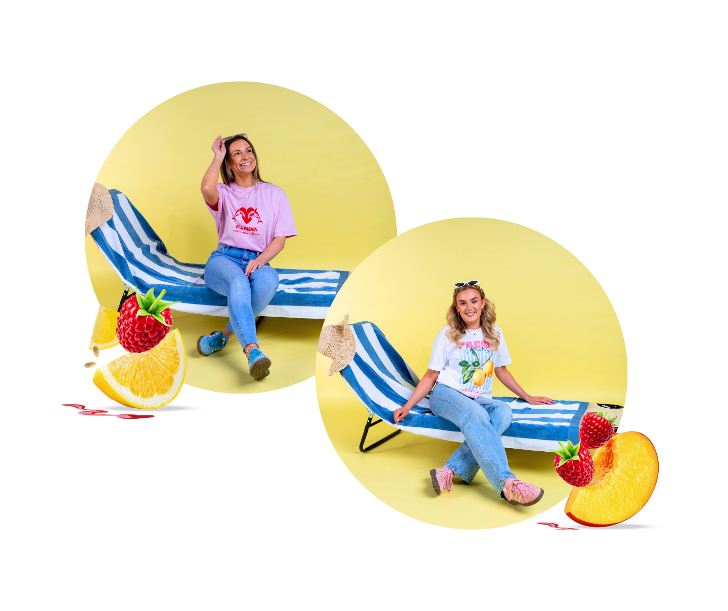 Two headshot images of girls on sun loungers with bright yellow backgrounds accompanied by lemon and strawberry and peach and raspberry icons