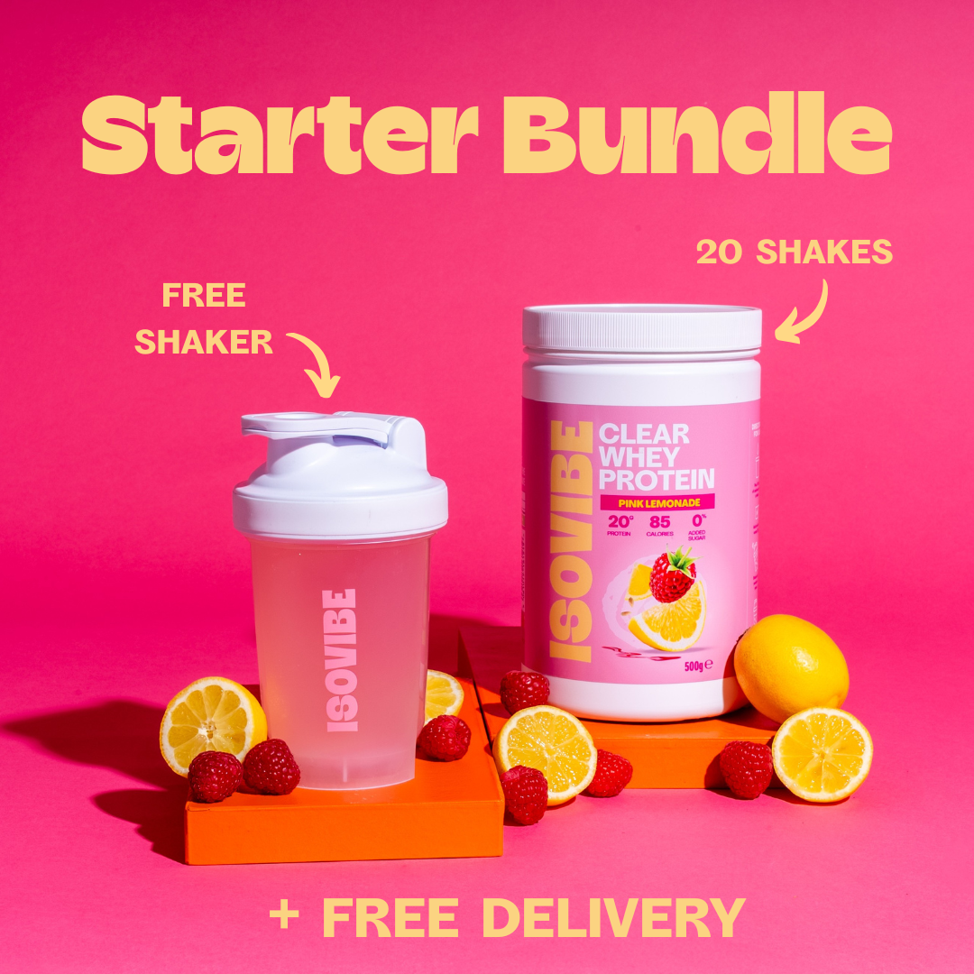 ISOVIBE starter bundle with free shaker and delivery comms with a pink lemonade tub and lemons and raspberries on a pink background