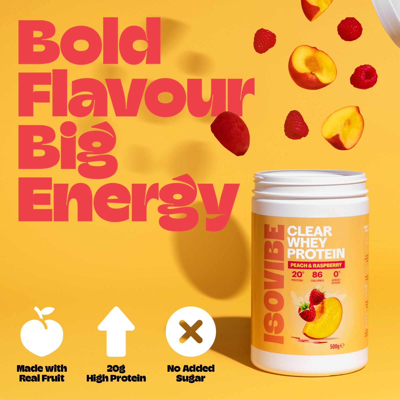 Big Flavoue Big Energy claim with ISOVIBE tub and lid flying off with the peach and raspberries
