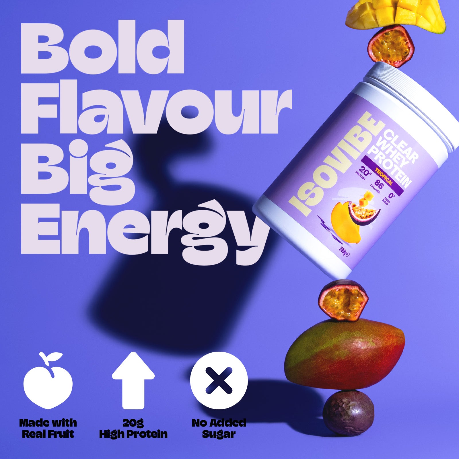 Tropical ISOVIBE tub balancing on mango and passionfruit with bold flavour big energy claims