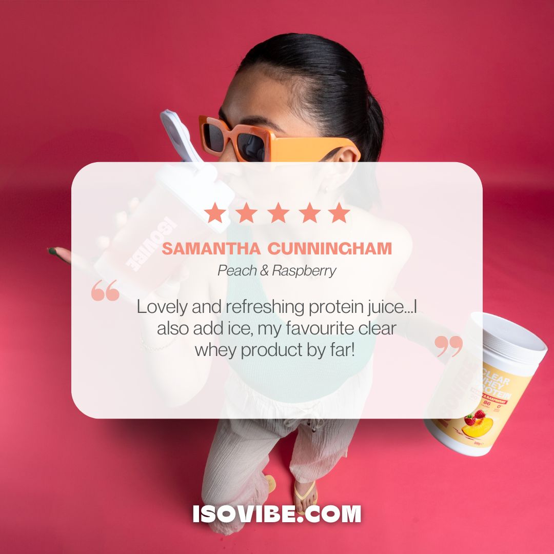 5 star review from Samantha Cunnhingham saying how nice the protein water is as it is refreshing behind a girl sipping on her ISOVIBE in her shaker and holding her tub