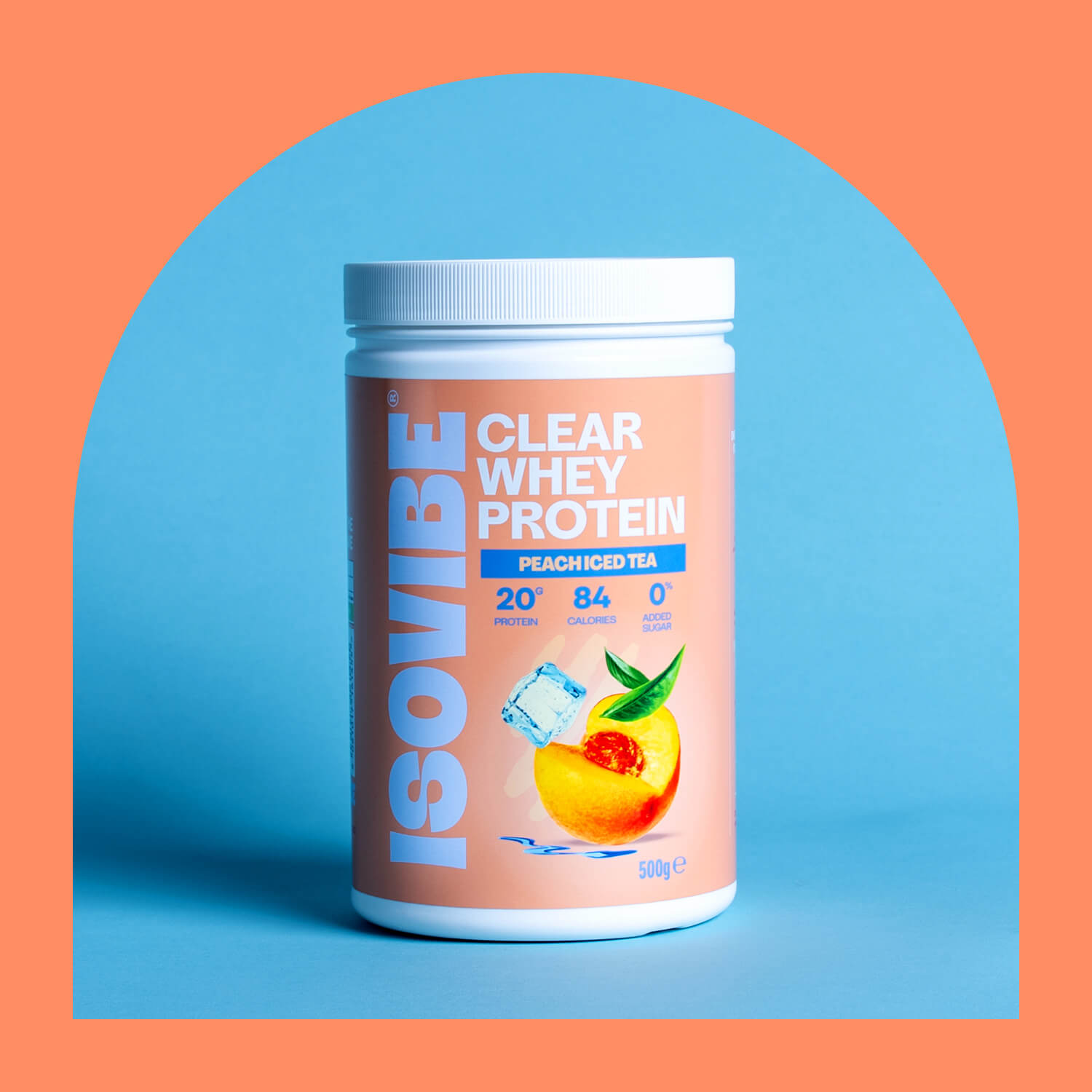 Peach Iced Tea ISOVIBE tub on blue and orange background