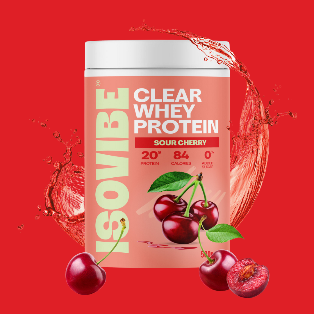 Sour Cherry ISOVIBE tub on red background with water splashes and cherries
