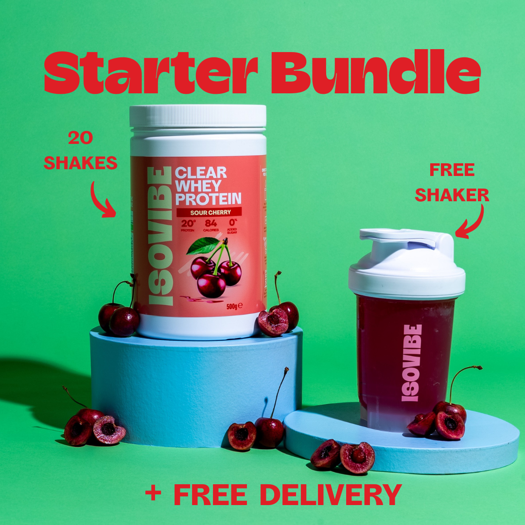 ISOVIBE starter bundle with free shaker and delivery comms with a sour cherry tub and shaker and cherries on green background